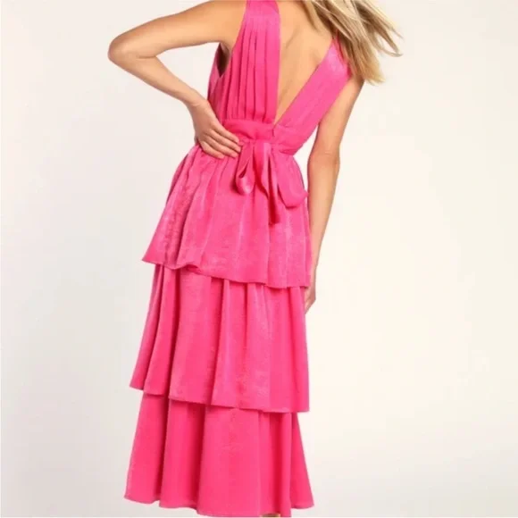 NWT Lulus Peak Party Vibe Hot Pink Satin Tiered Tie-Back Midi Dress - Picture 4 of 4